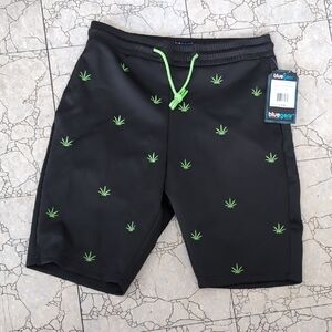 🍁Blue gear Black Shorts W Plant Design